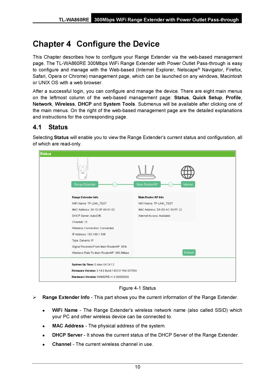 TP-Link TL-WA860RE manual Configure the Device, Status 