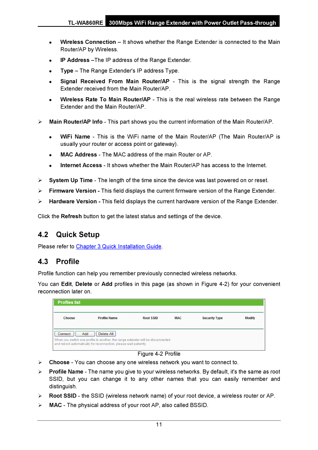 TP-Link TL-WA860RE manual Quick Setup, Profile 