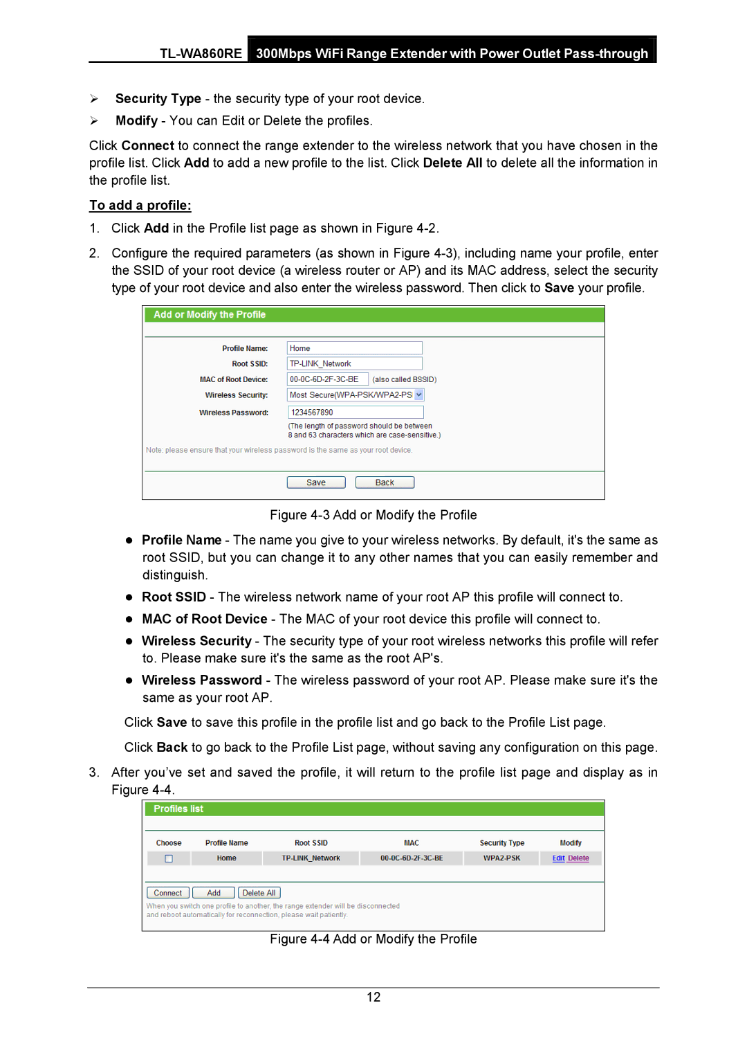 TP-Link TL-WA860RE manual To add a profile, Click Add in the Profile list page as shown in Figure 