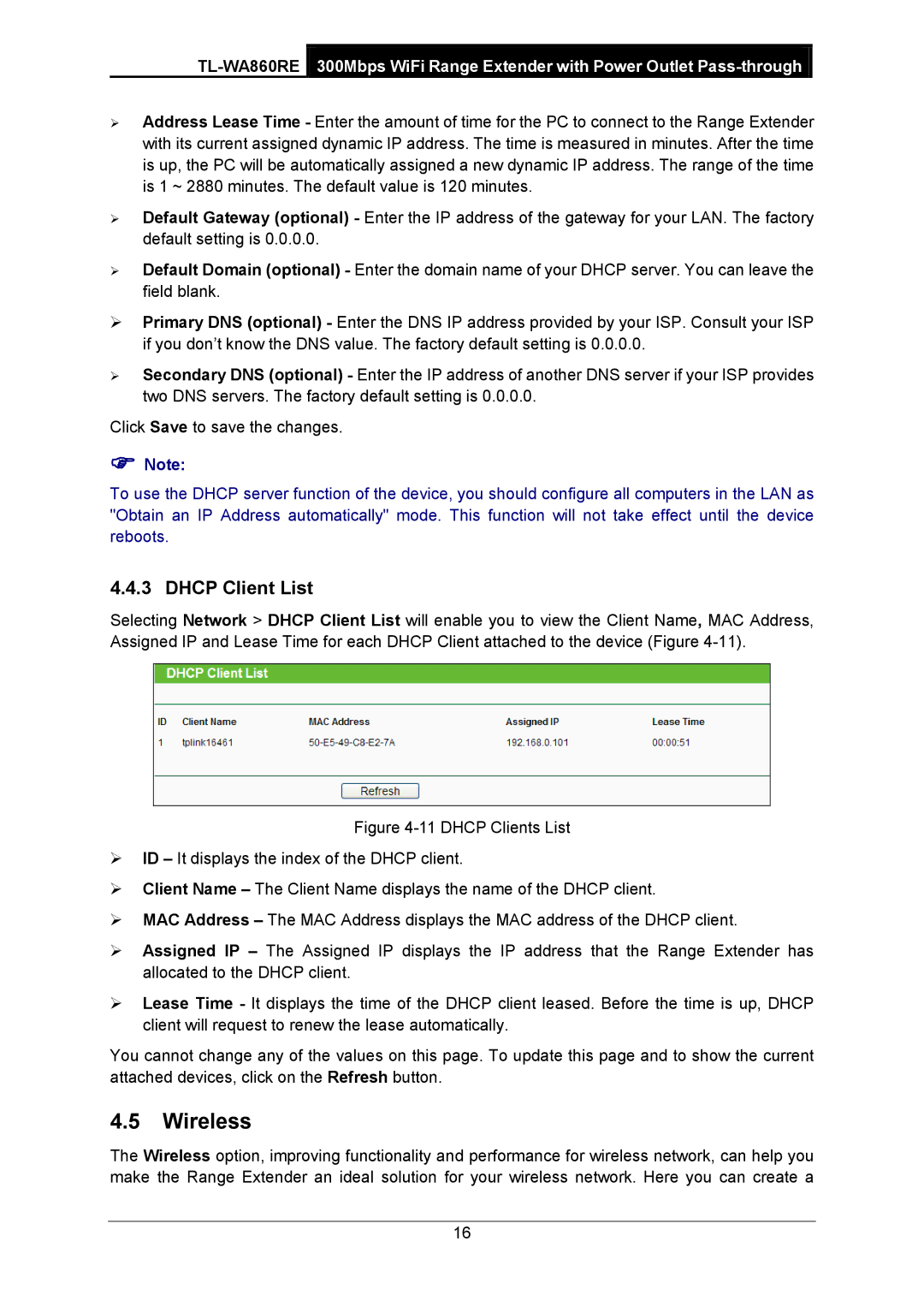 TP-Link TL-WA860RE manual Wireless, Dhcp Client List 