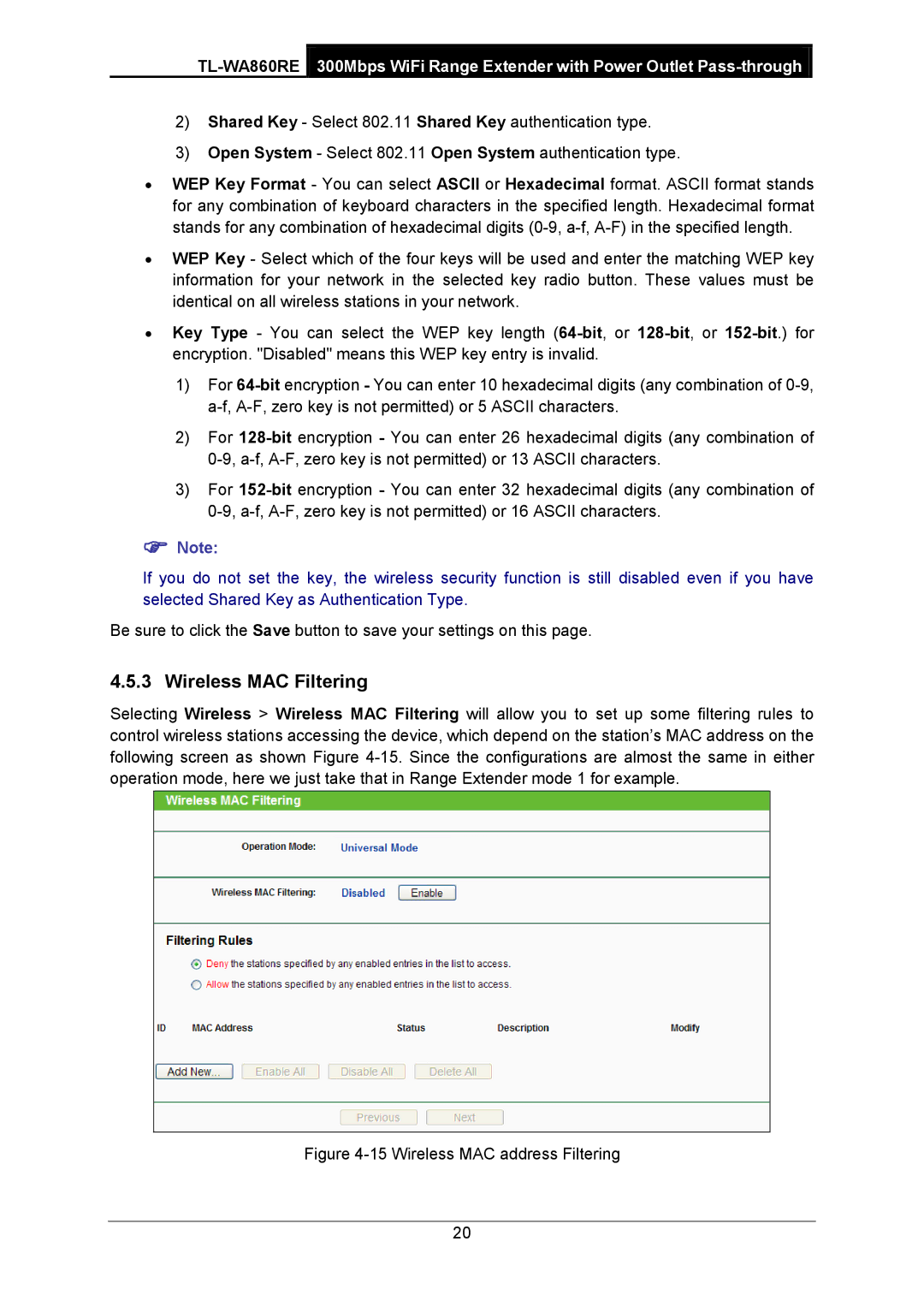 TP-Link TL-WA860RE manual Wireless MAC Filtering,  Note 