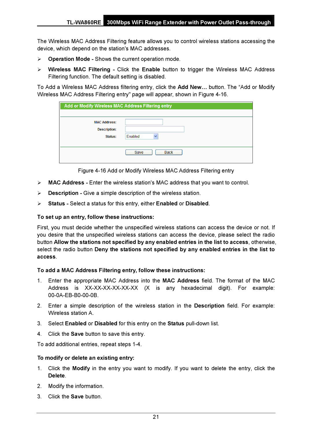 TP-Link TL-WA860RE manual To set up an entry, follow these instructions, To modify or delete an existing entry 