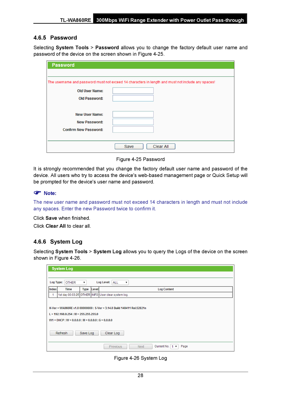 TP-Link TL-WA860RE manual Password, System Log 