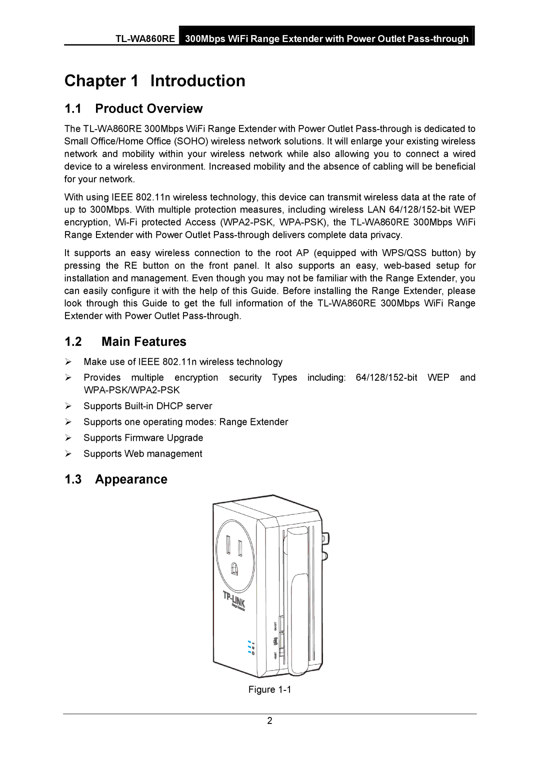 TP-Link TL-WA860RE manual Introduction, Product Overview, Main Features, Appearance 