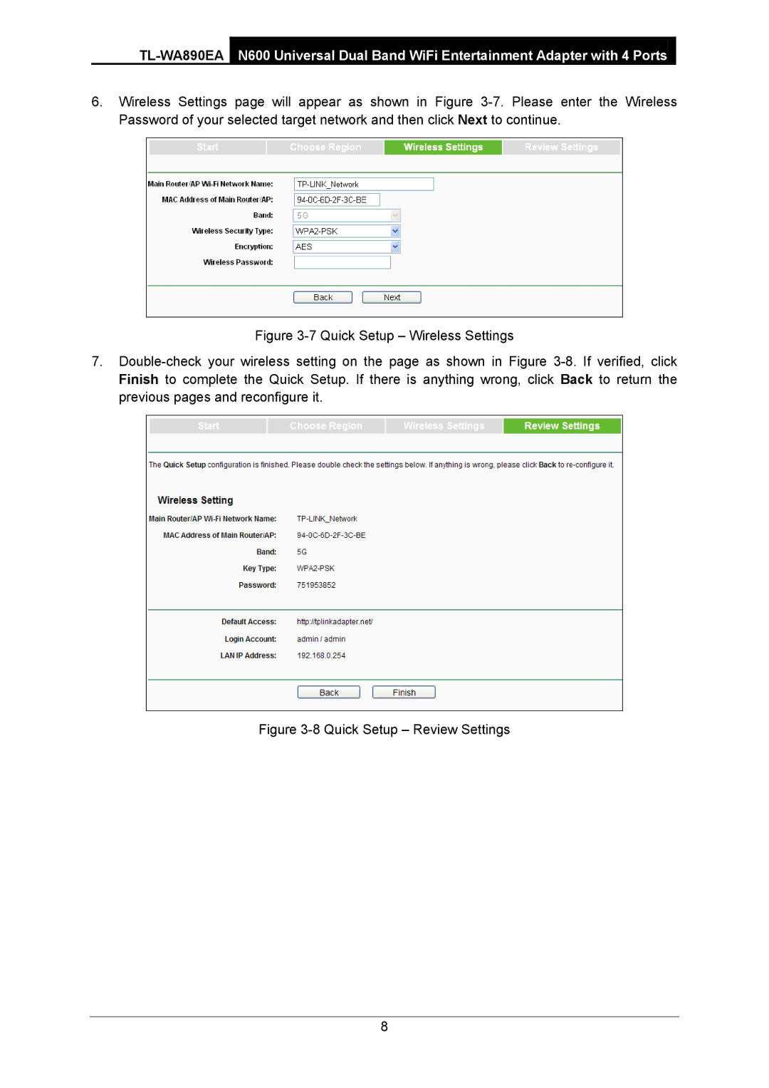 TP-Link TL-WA890EA manual Quick Setup Review Settings 