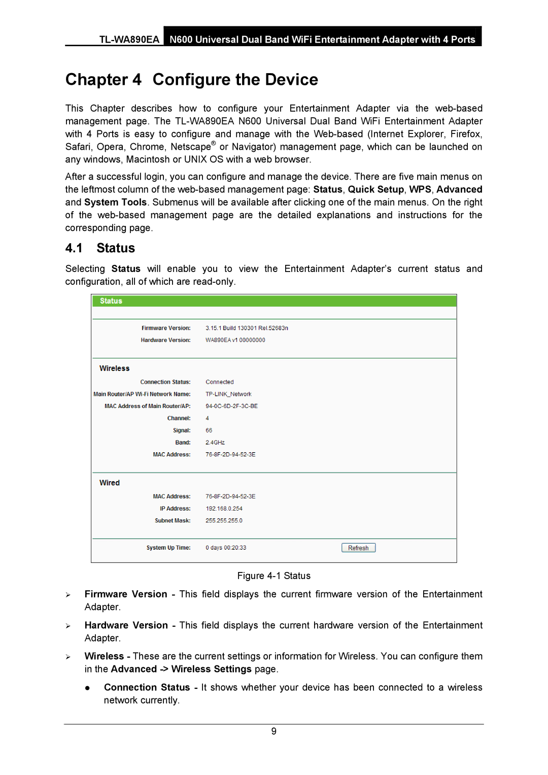 TP-Link TL-WA890EA manual Configure the Device, Status 