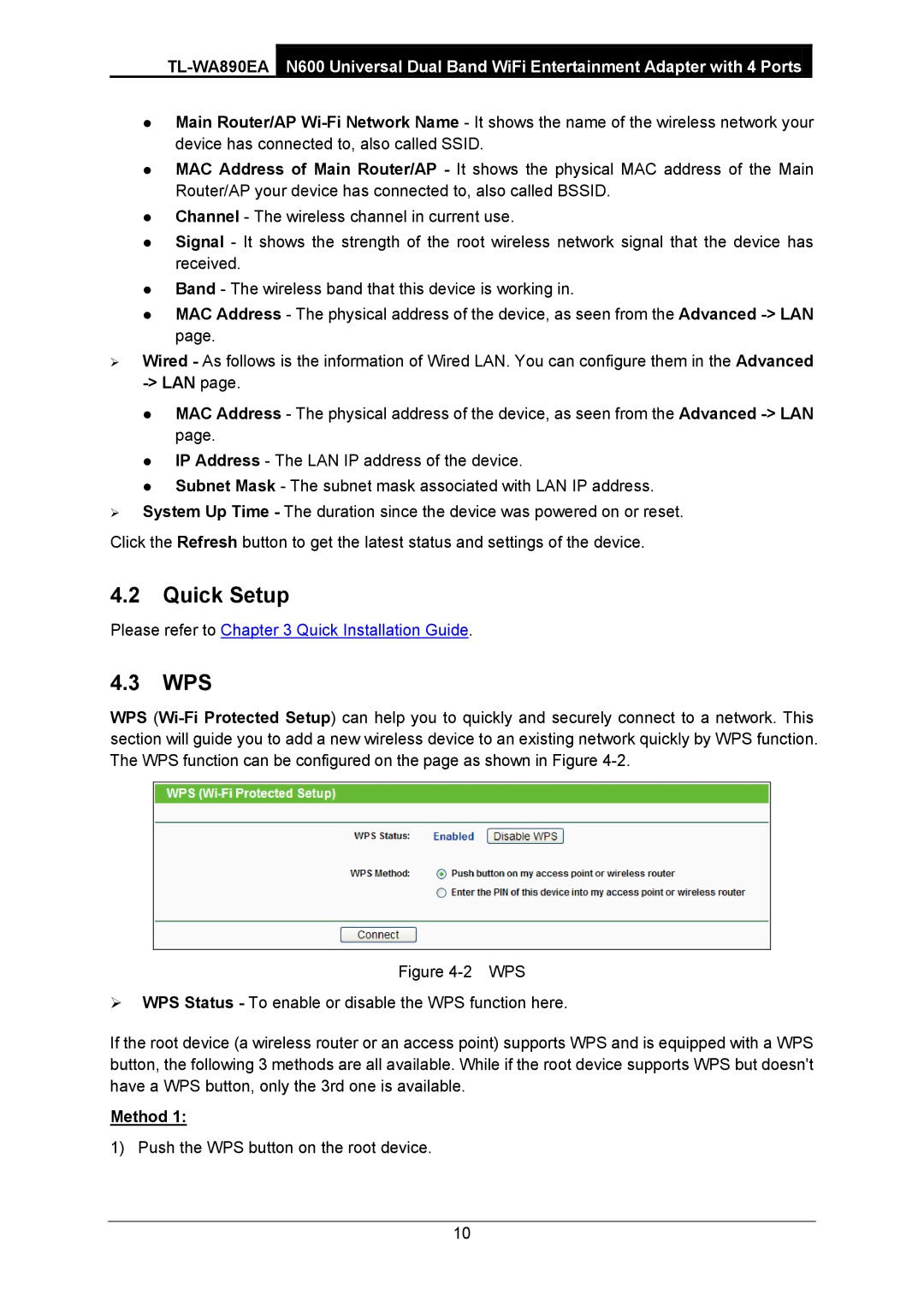 TP-Link TL-WA890EA manual Quick Setup, Wps, Method 