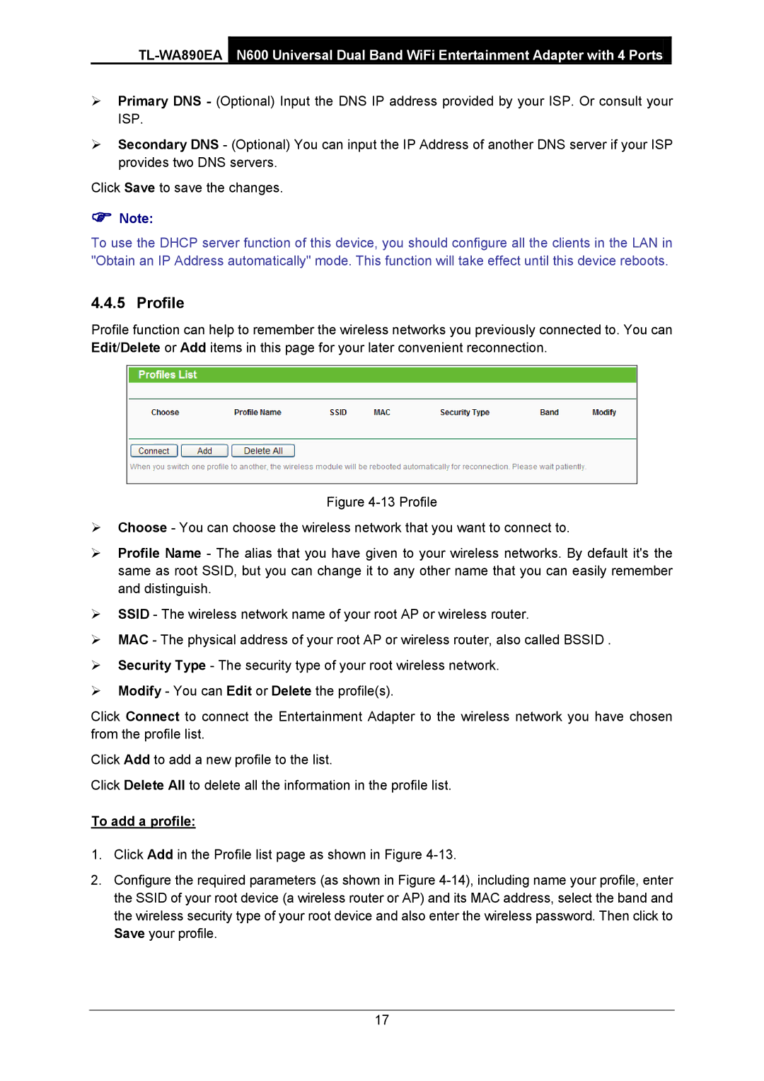 TP-Link TL-WA890EA manual Profile, To add a profile 