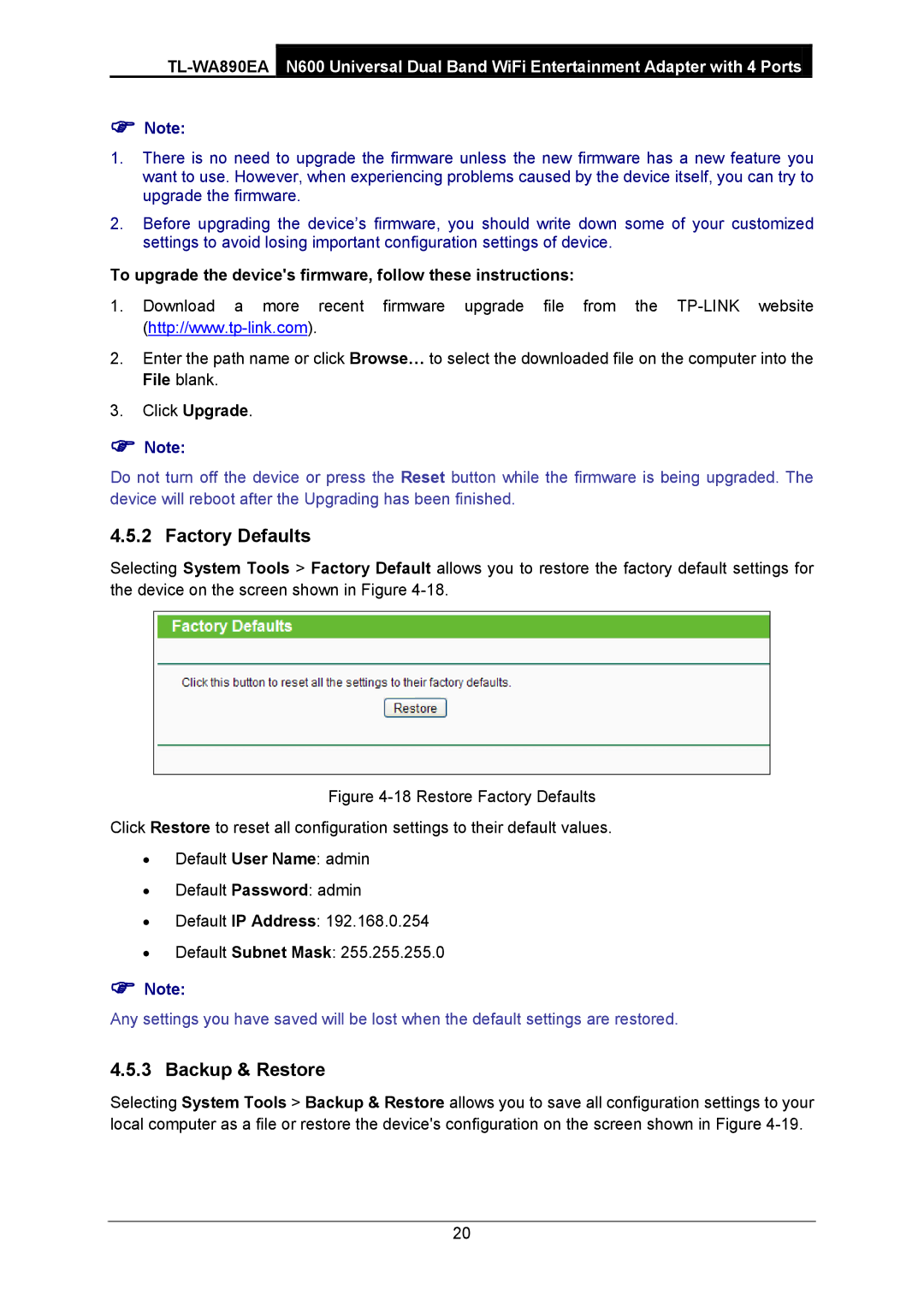 TP-Link TL-WA890EA manual Factory Defaults, Backup & Restore, To upgrade the devices firmware, follow these instructions 