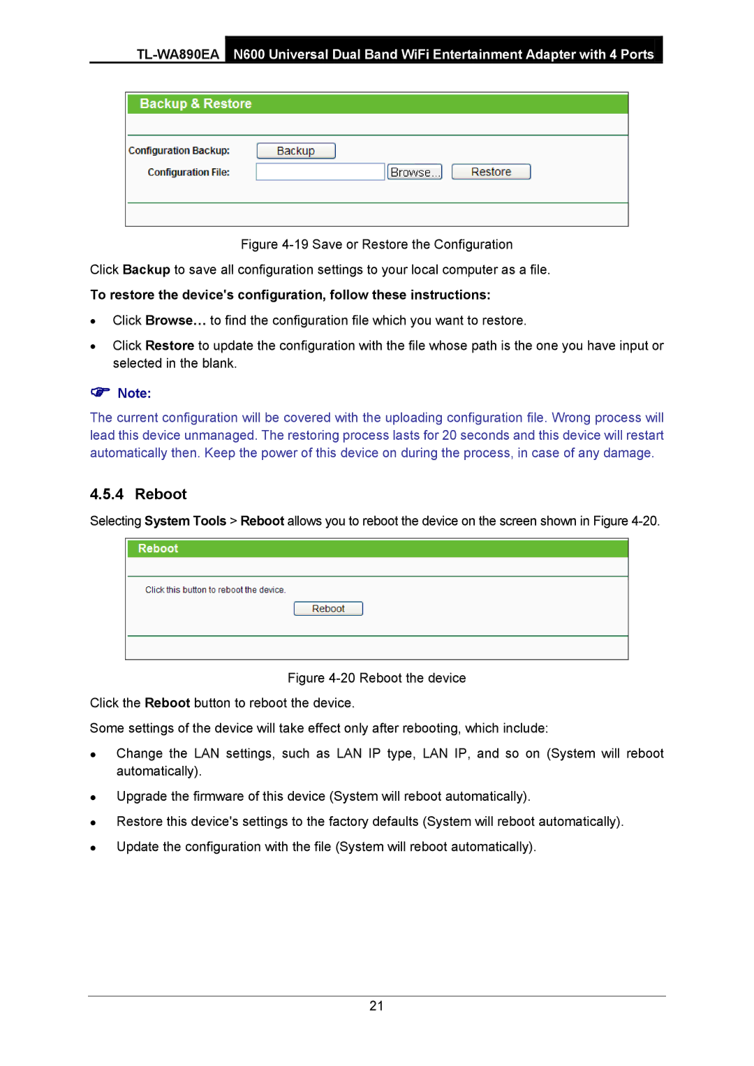 TP-Link TL-WA890EA manual Reboot 