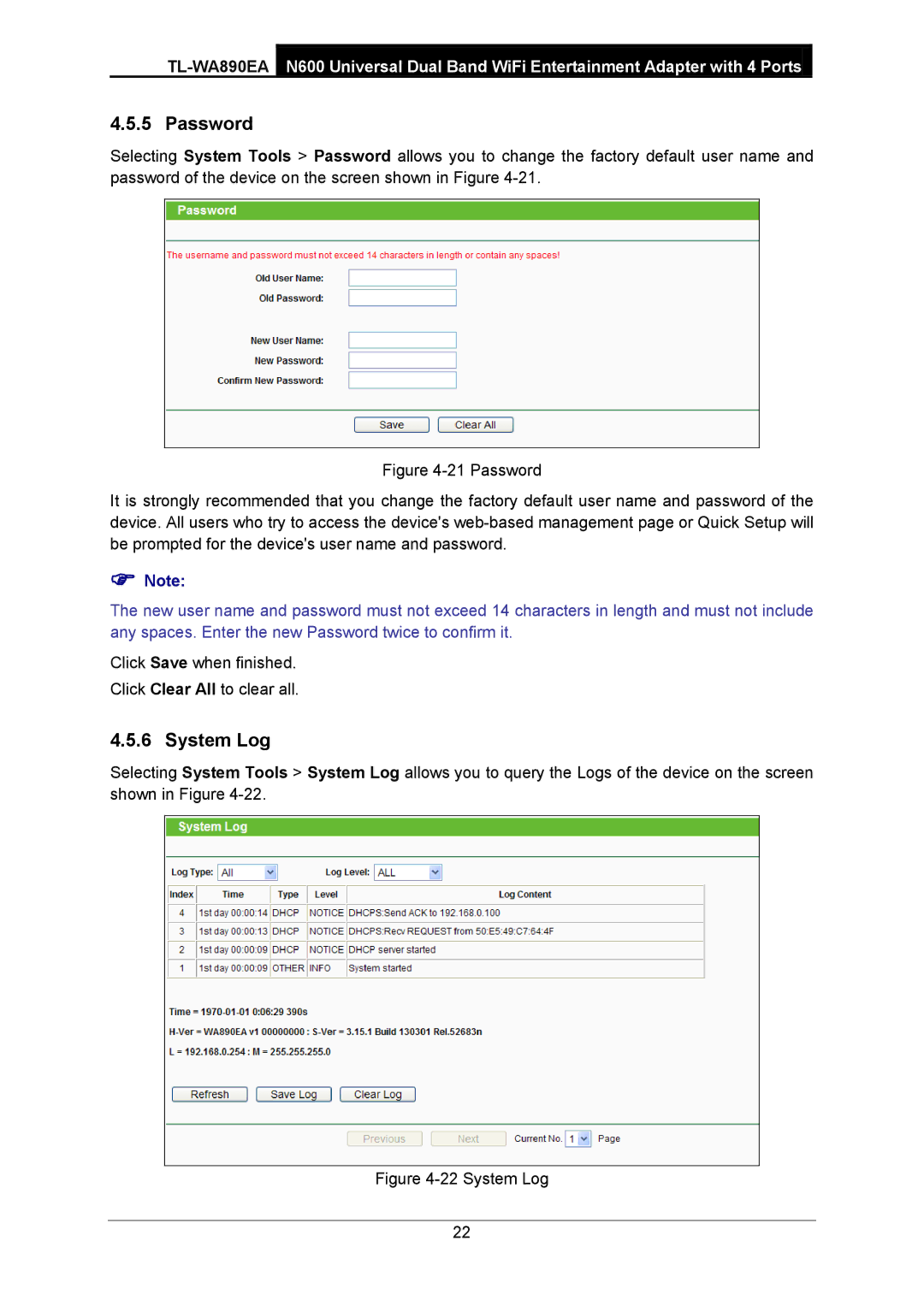 TP-Link TL-WA890EA manual Password, System Log 