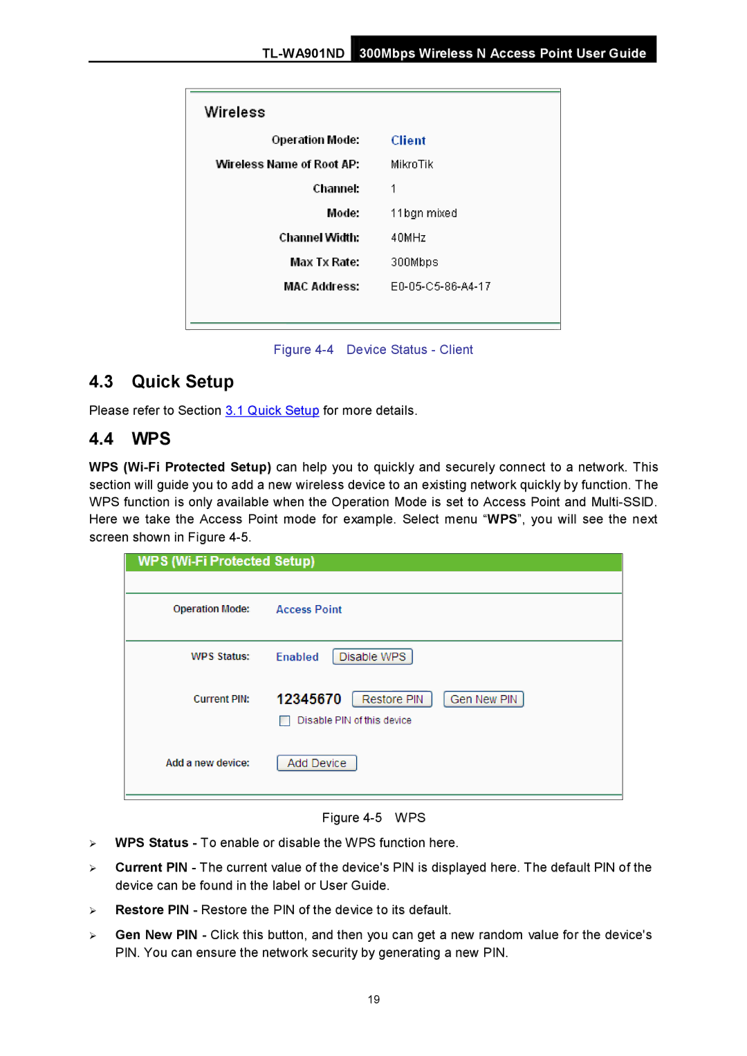 TP-Link TL-WA901ND manual Wps, Device Status Client 