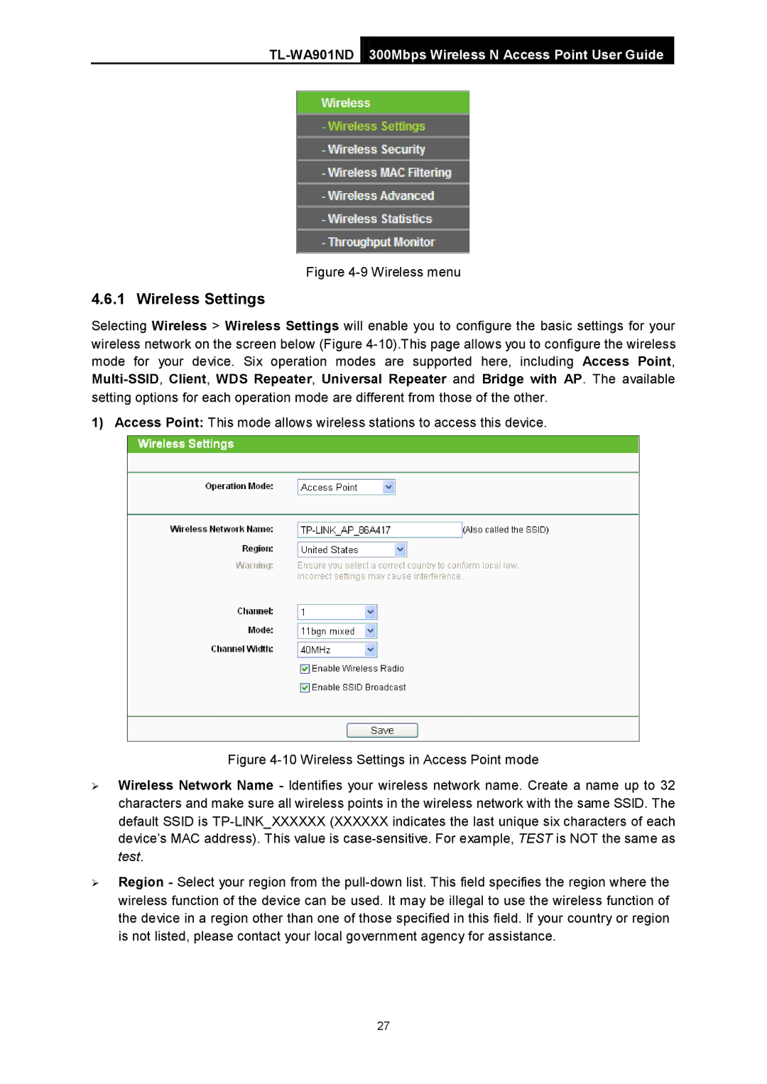 TP-Link TL-WA901ND manual Wireless Settings, Wireless menu 