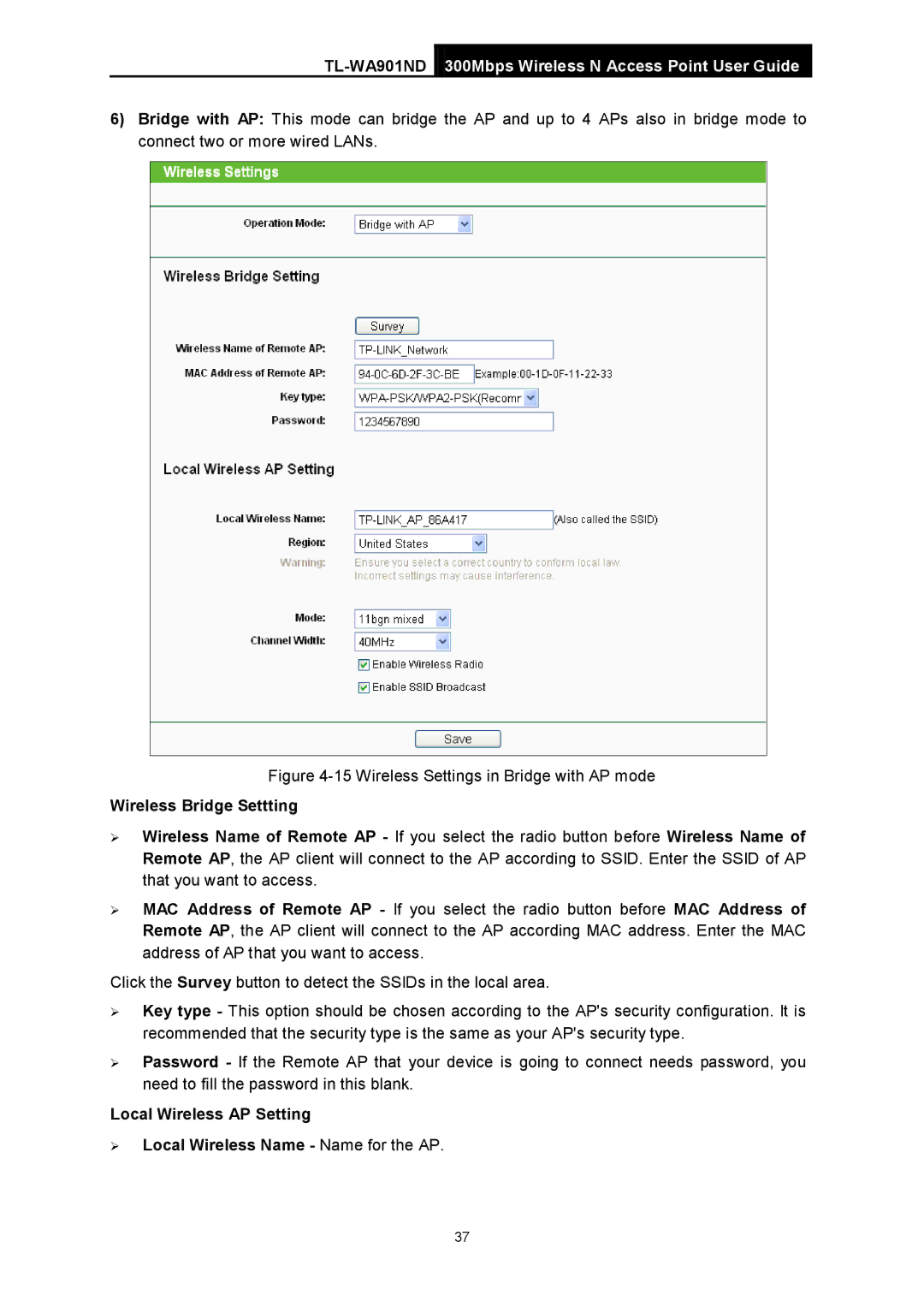 TP-Link TL-WA901ND manual Wireless Settings in Bridge with AP mode 