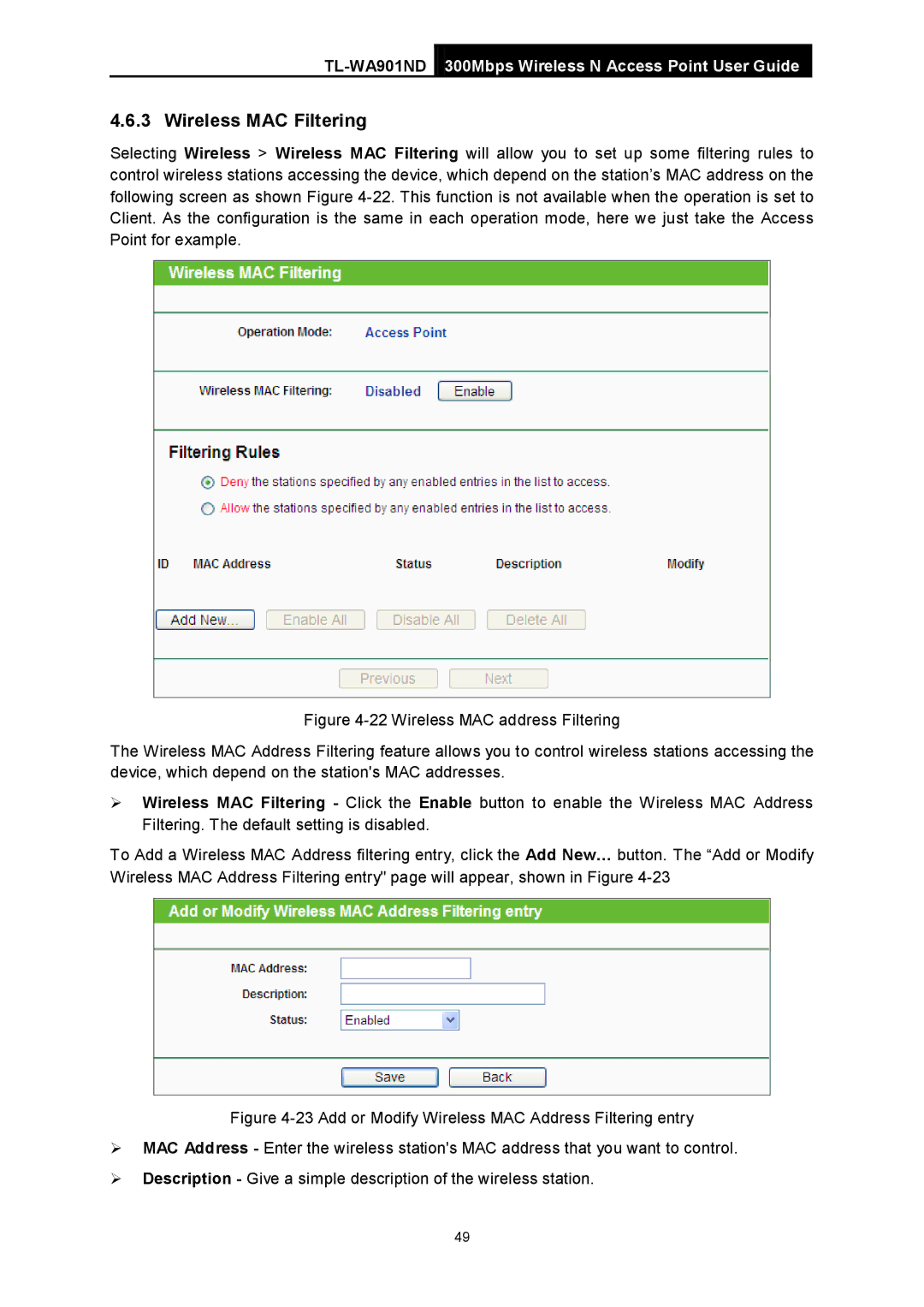 TP-Link TL-WA901ND manual Wireless MAC Filtering 