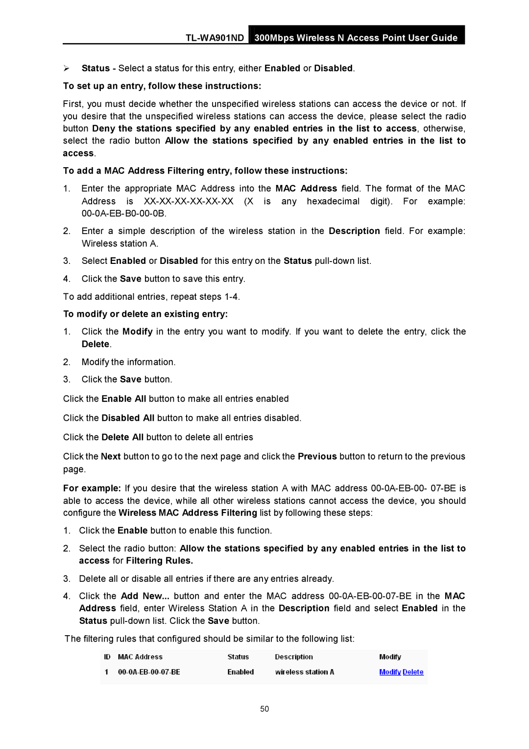 TP-Link TL-WA901ND manual To set up an entry, follow these instructions, To modify or delete an existing entry 