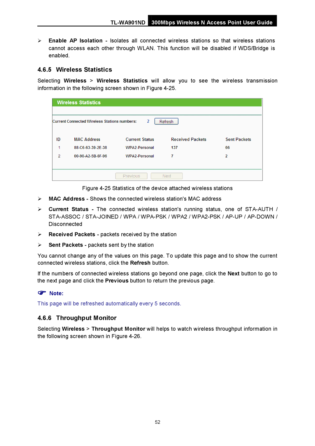 TP-Link TL-WA901ND manual Wireless Statistics, Throughput Monitor 