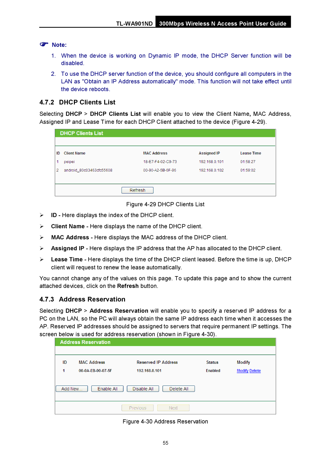 TP-Link TL-WA901ND manual Dhcp Clients List, Address Reservation 