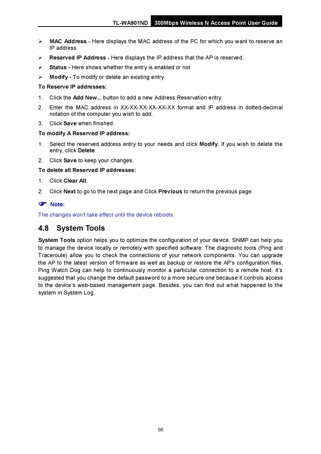 TP-Link TL-WA901ND manual System Tools, To Reserve IP addresses, To modify a Reserved IP address 