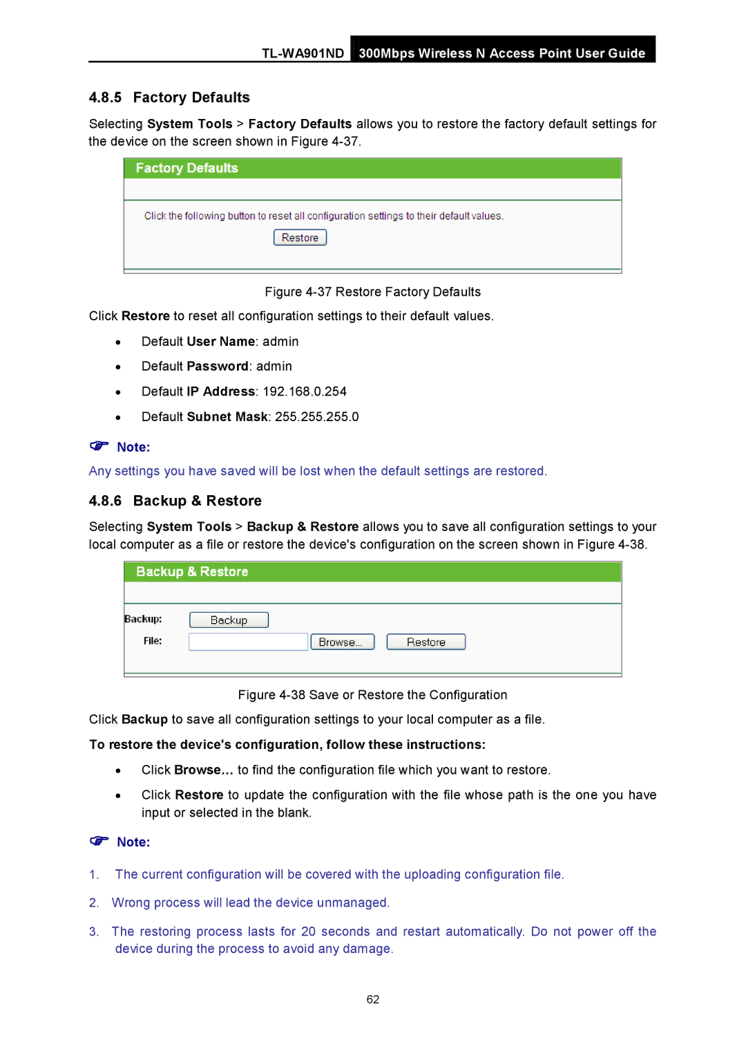 TP-Link TL-WA901ND manual Factory Defaults, Backup & Restore 