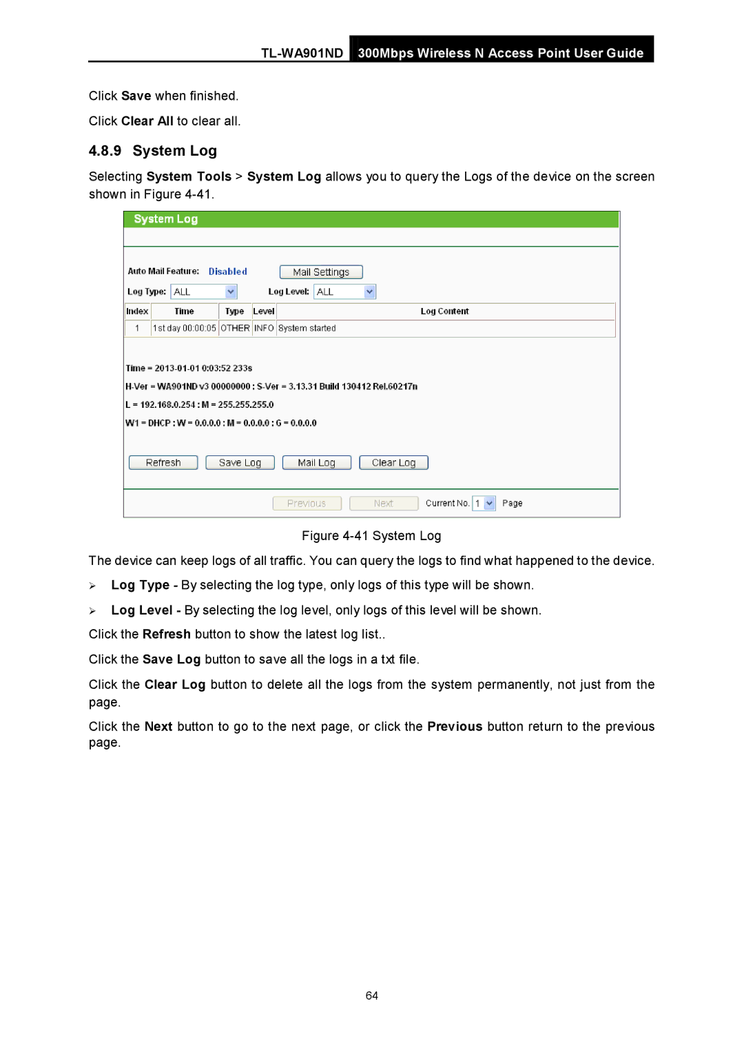 TP-Link TL-WA901ND manual System Log 