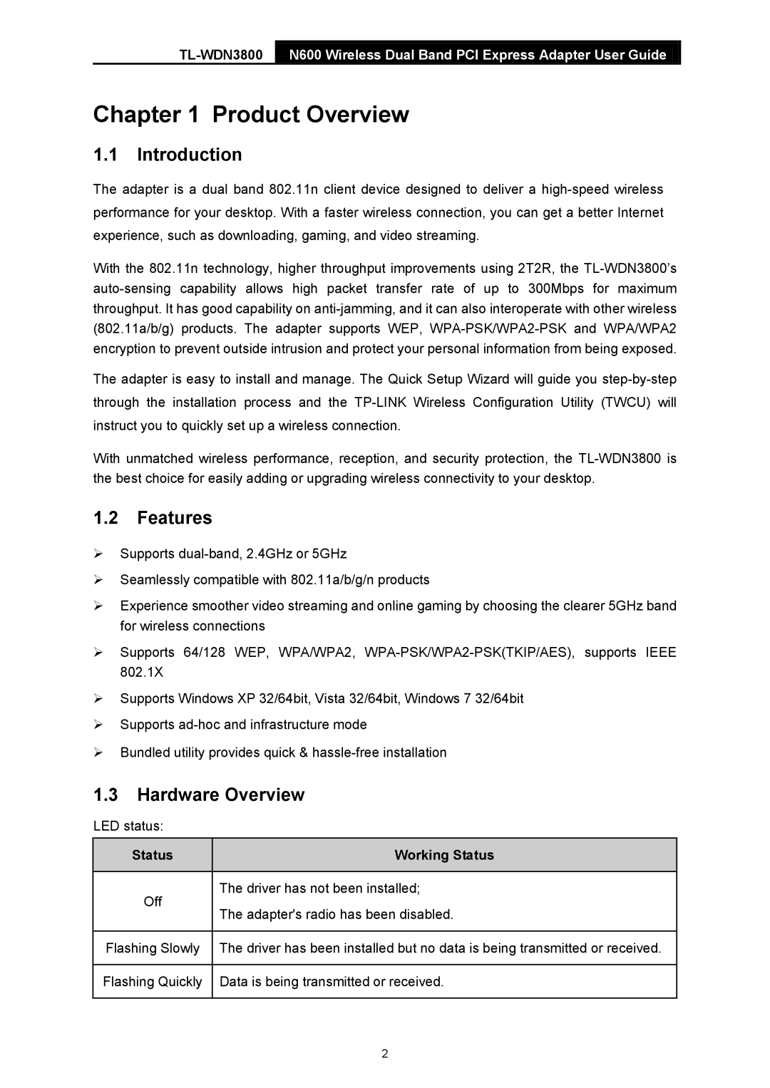 TP-Link TL-WDN3800 manual Product Overview, Introduction, Features, Hardware Overview, Status Working Status 