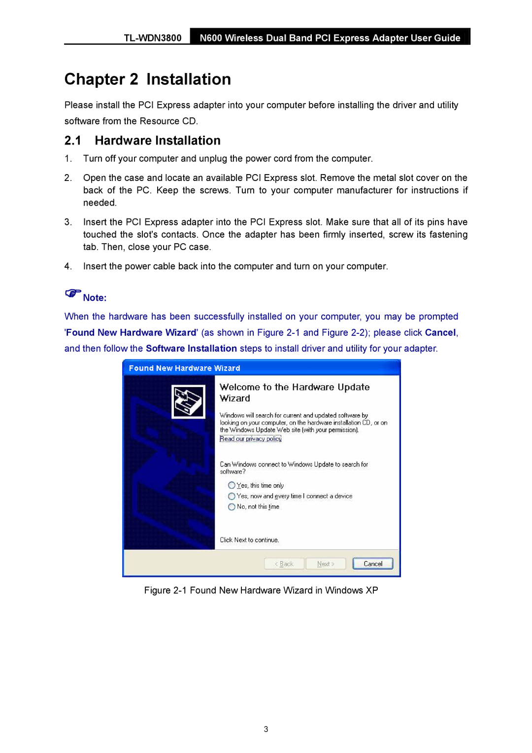 TP-Link TL-WDN3800 manual Hardware Installation 