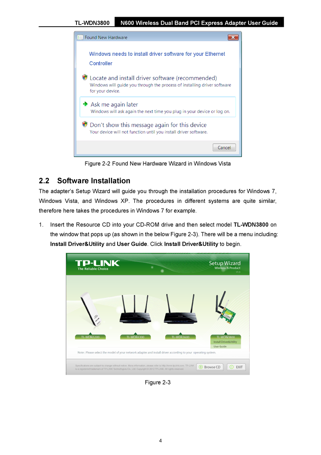 TP-Link TL-WDN3800 manual Software Installation, Found New Hardware Wizard in Windows Vista 