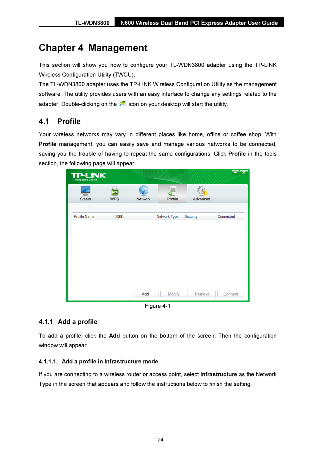 TP-Link TL-WDN3800 manual Management, Profile, Add a profile in Infrastructure mode 