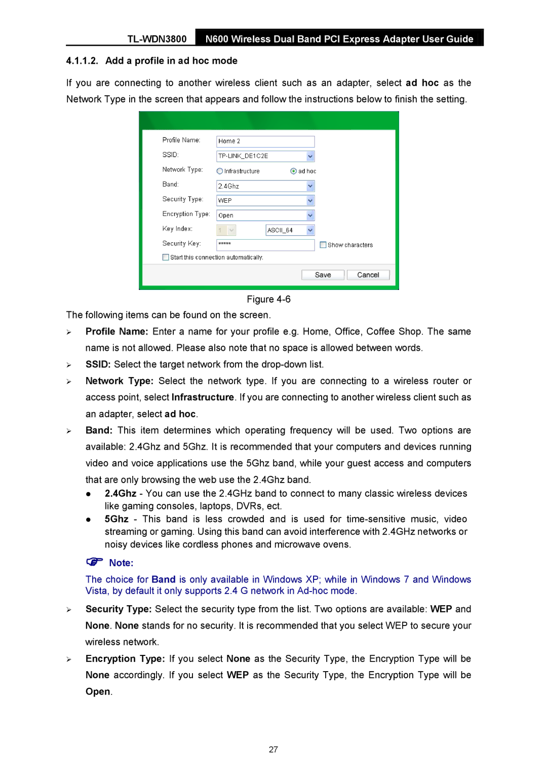 TP-Link TL-WDN3800 manual Add a profile in ad hoc mode 