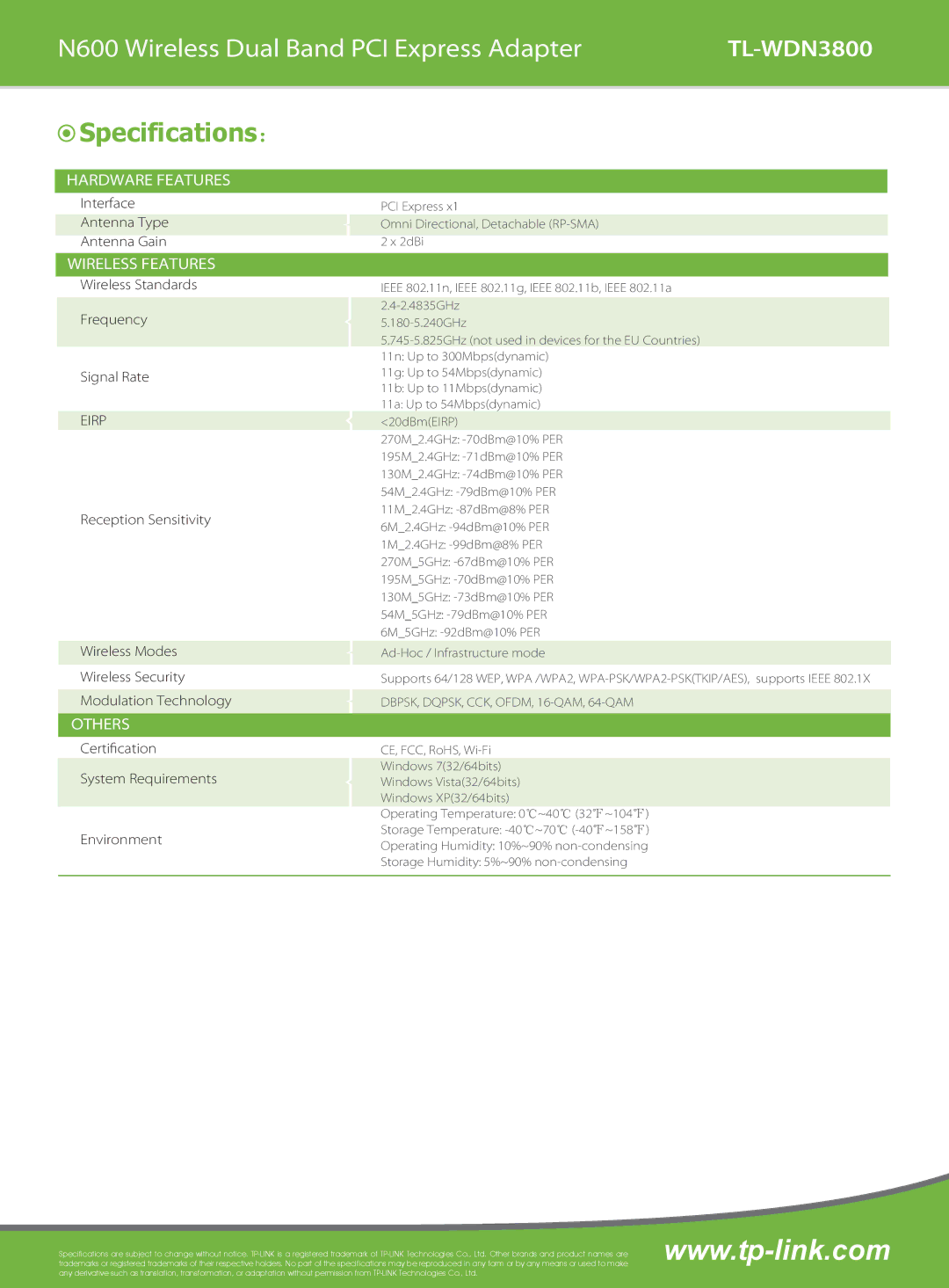 TP-Link TL-WDN3800 manual Specifications：, Hardware, Wireless Features, Others 