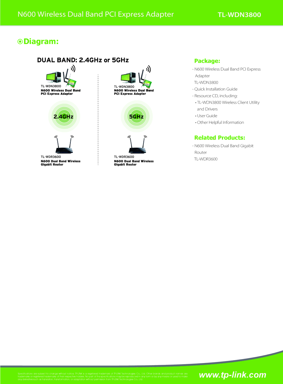 TP-Link manual Diagram, Package, Related Products, N600 Wireless Dual Band PCI Express Adapter TL-WDN3800 