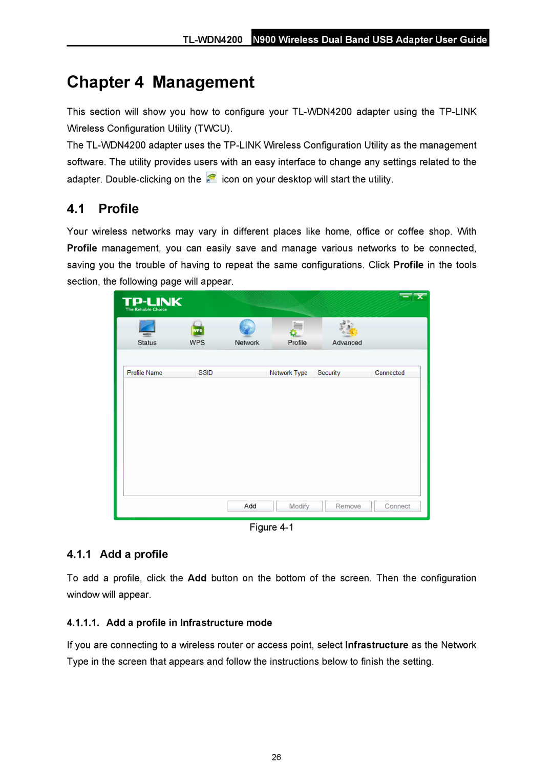 TP-Link TL-WDN4200 manual Management, Profile, Add a profile in Infrastructure mode 