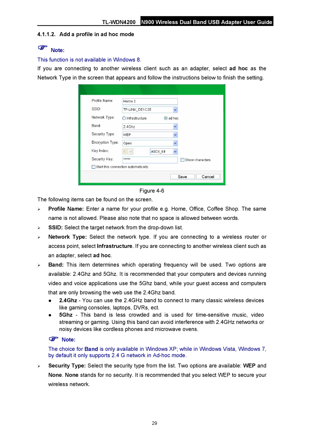 TP-Link TL-WDN4200 manual Add a profile in ad hoc mode, This function is not available in Windows 