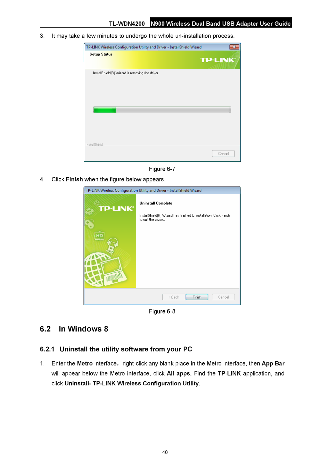 TP-Link TL-WDN4200 manual Windows, Uninstall the utility software from your PC 