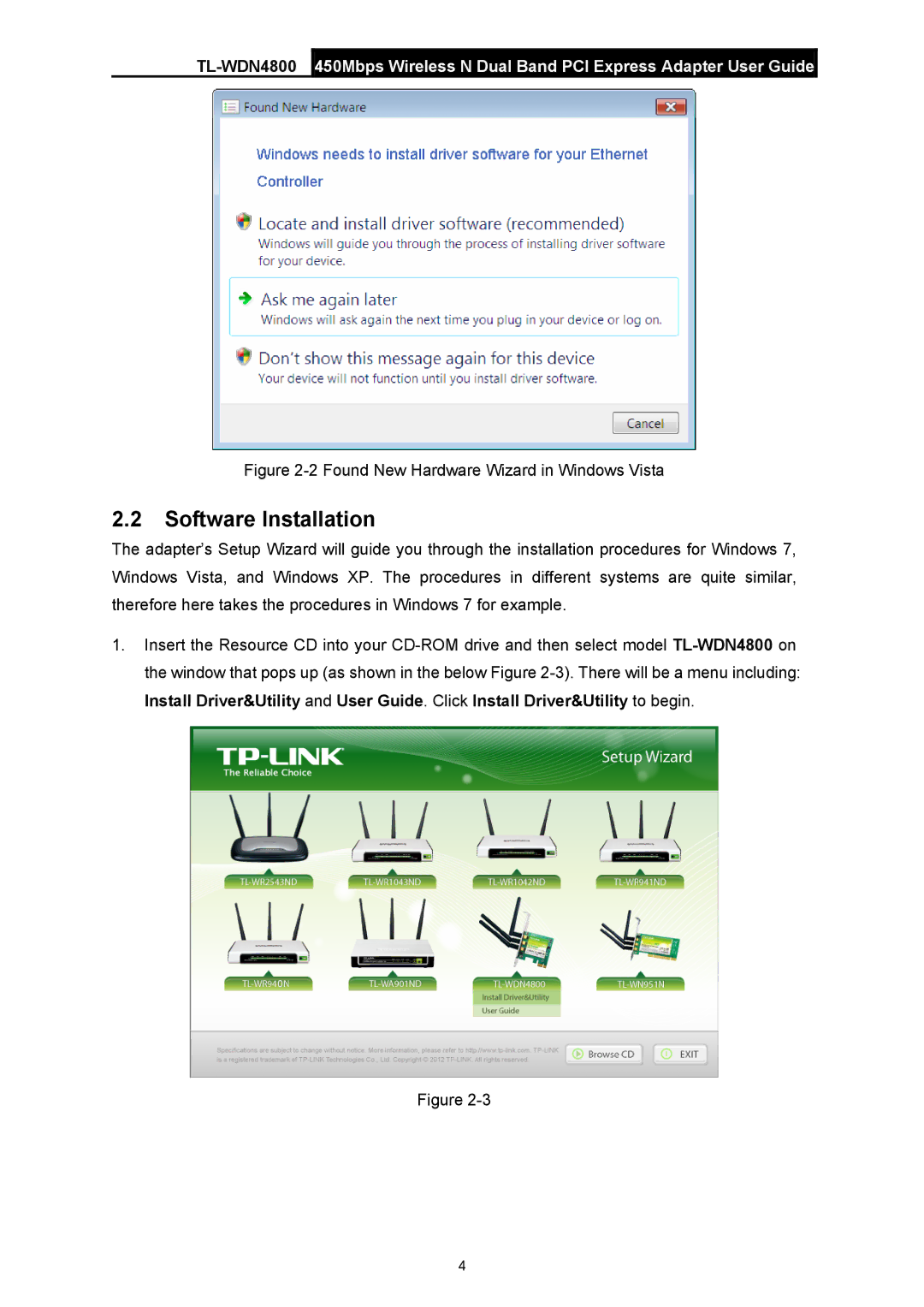 TP-Link TL-WDN4800 manual Software Installation, Found New Hardware Wizard in Windows Vista 