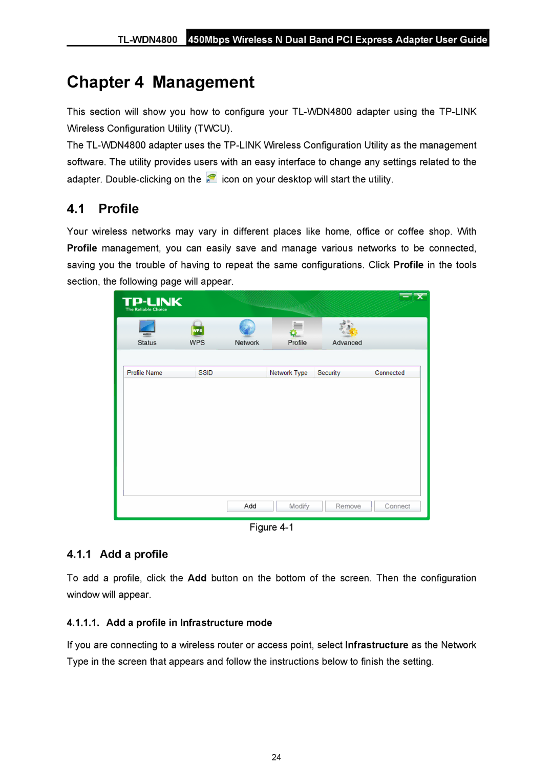 TP-Link TL-WDN4800 manual Management, Profile, Add a profile in Infrastructure mode 