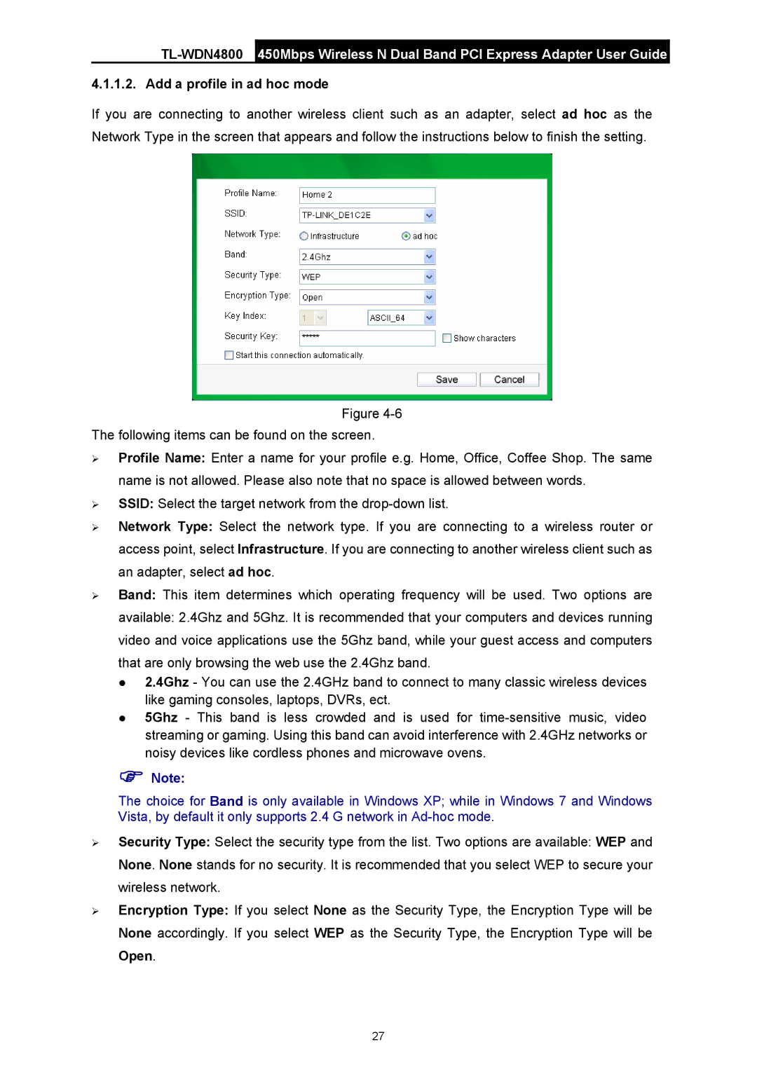 TP-Link TL-WDN4800 manual Add a profile in ad hoc mode 