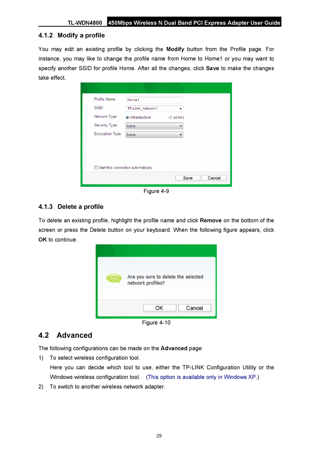 TP-Link TL-WDN4800 manual Advanced, Modify a profile, Delete a profile 