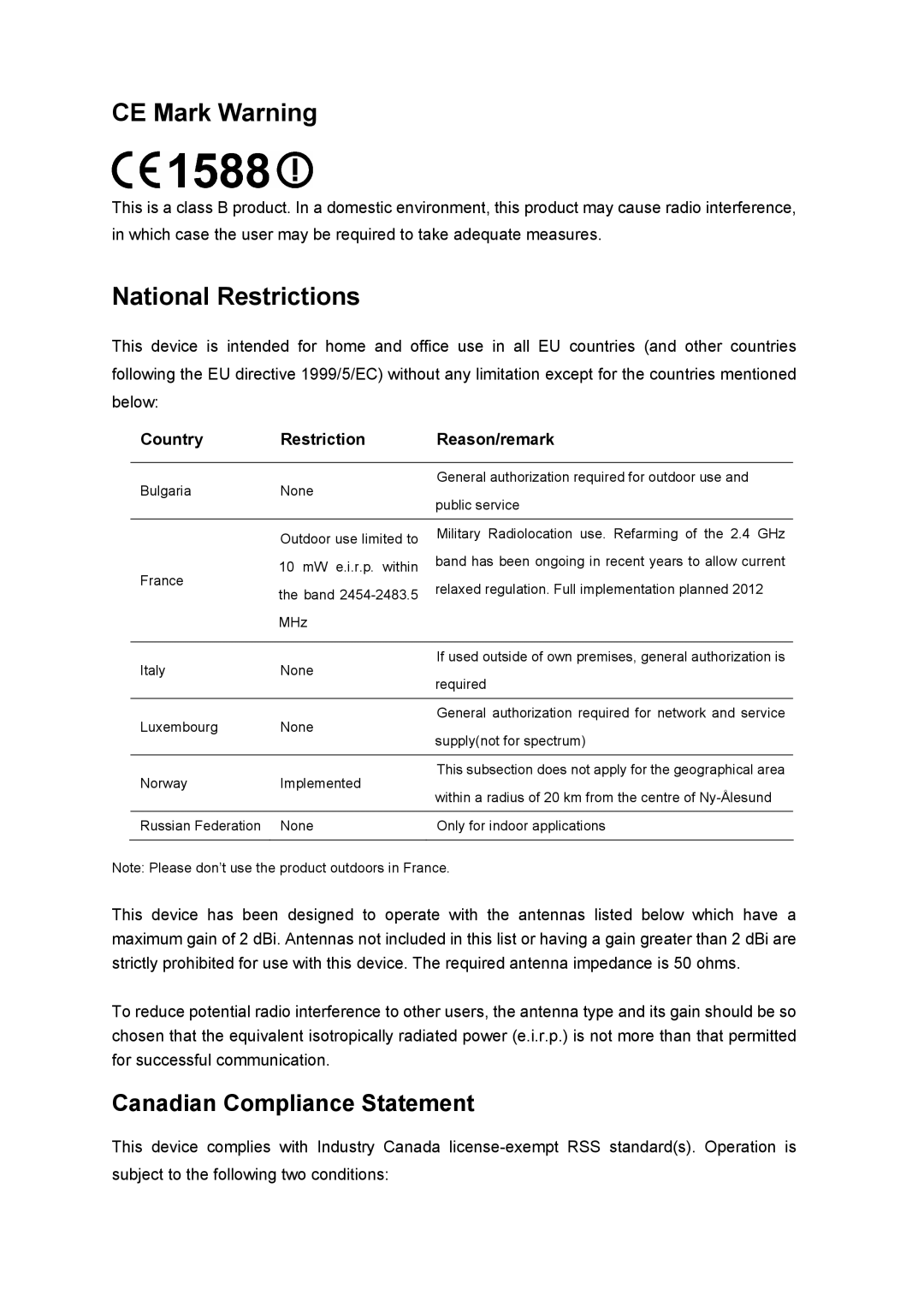 TP-Link TL-WDN4800 manual CE Mark Warning, Country Restriction Reason/remark 