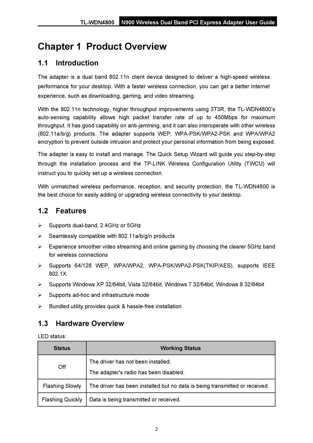 TP-Link TL-WDN4800 manual Product Overview, Introduction, Features, Hardware Overview 