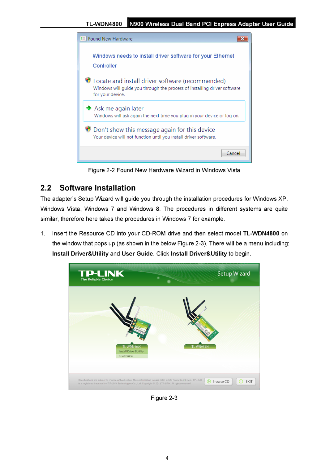 TP-Link TL-WDN4800 manual Software Installation, Found New Hardware Wizard in Windows Vista 