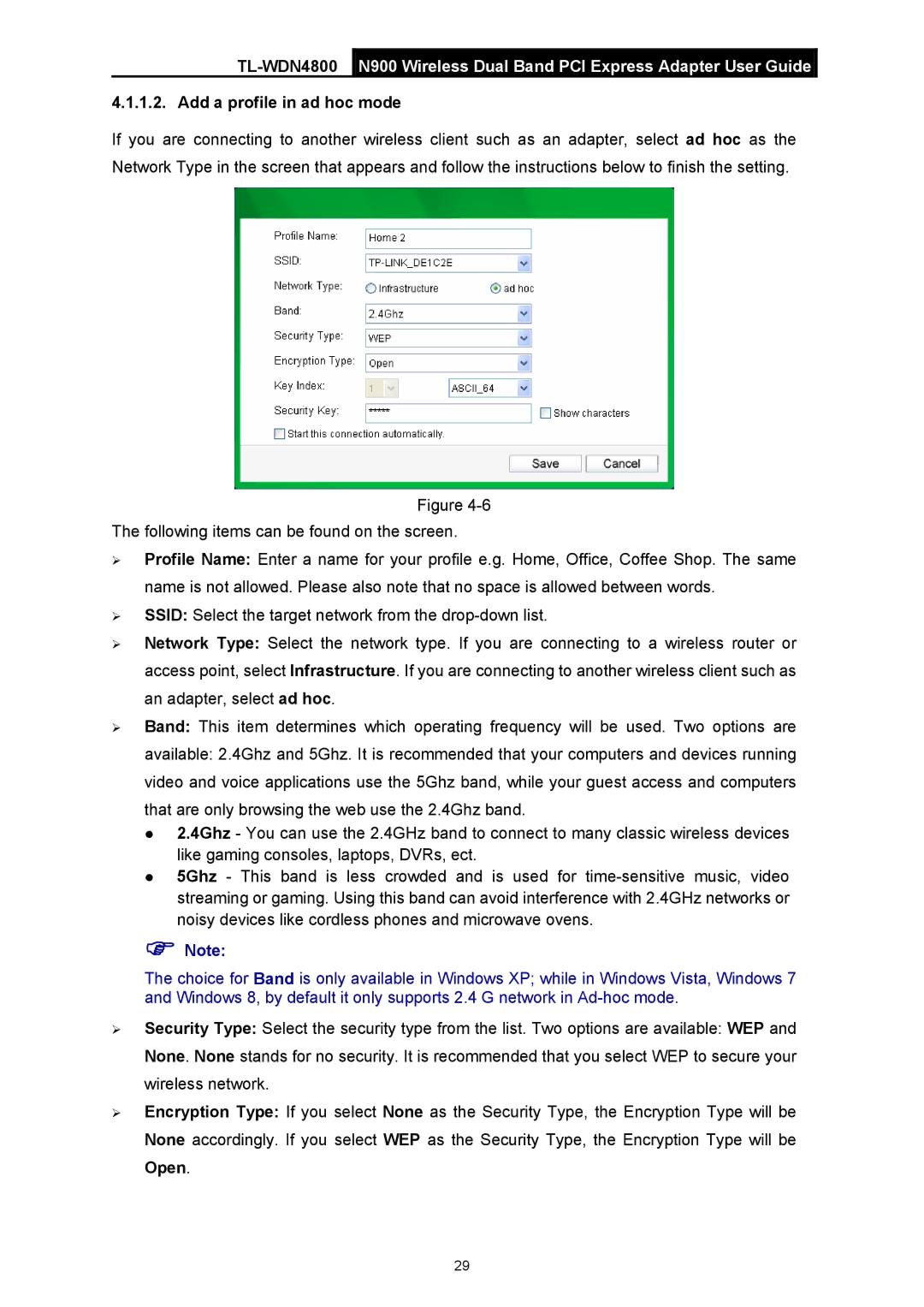 TP-Link TL-WDN4800 manual Add a profile in ad hoc mode 