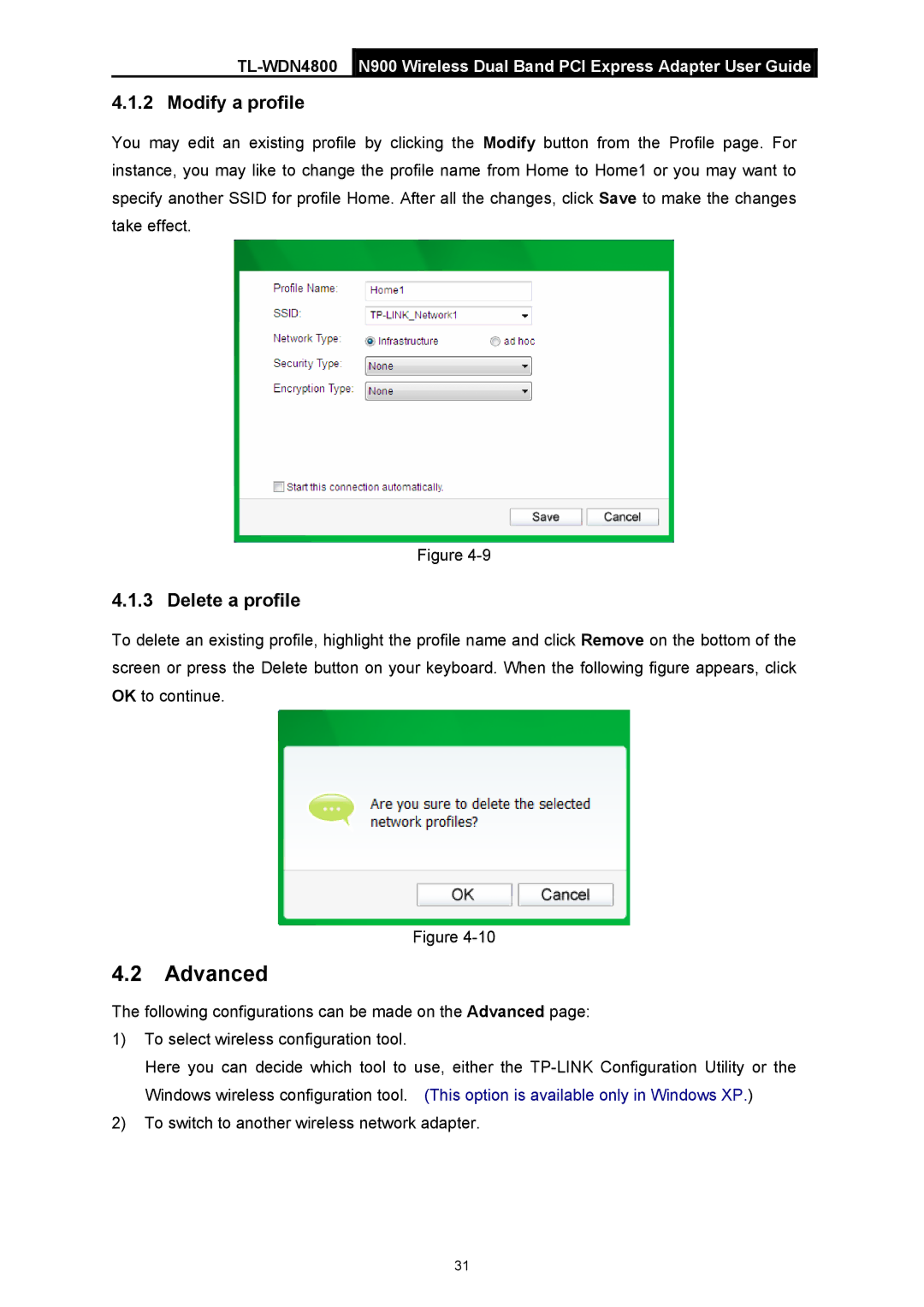 TP-Link TL-WDN4800 manual Advanced, Modify a profile, Delete a profile 