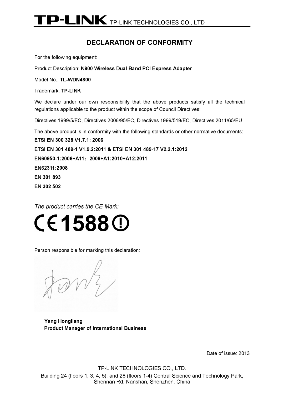 TP-Link TL-WDN4800 manual Declaration of Conformity 