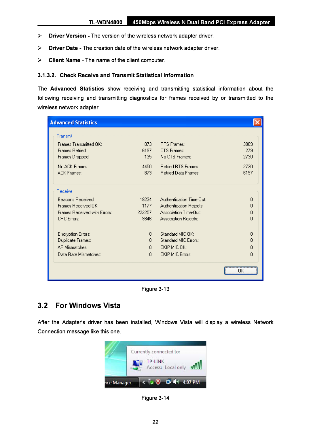 TP-Link TL-WDN4800 manual For Windows Vista, 450Mbps Wireless N Dual Band PCI Express Adapter 