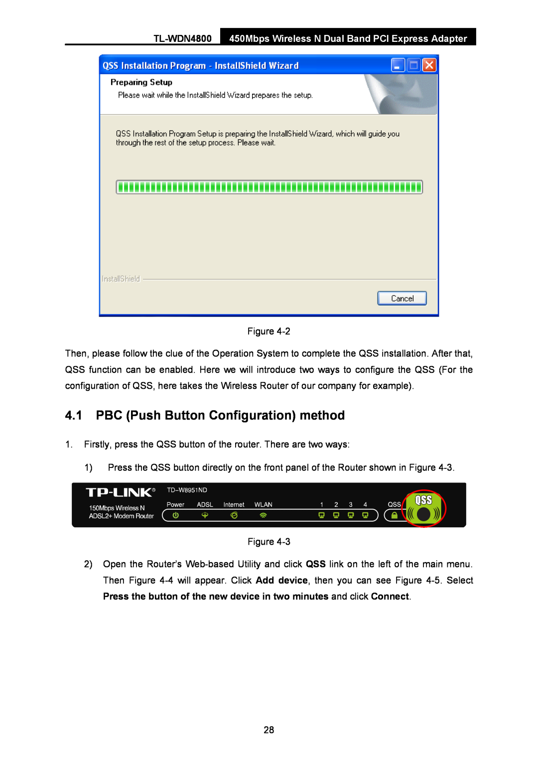 TP-Link TL-WDN4800 manual PBC Push Button Configuration method, 450Mbps Wireless N Dual Band PCI Express Adapter 