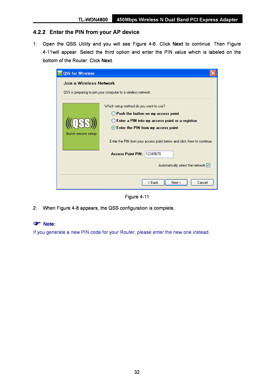 TP-Link TL-WDN4800 manual Enter the PIN from your AP device, 450Mbps Wireless N Dual Band PCI Express Adapter 