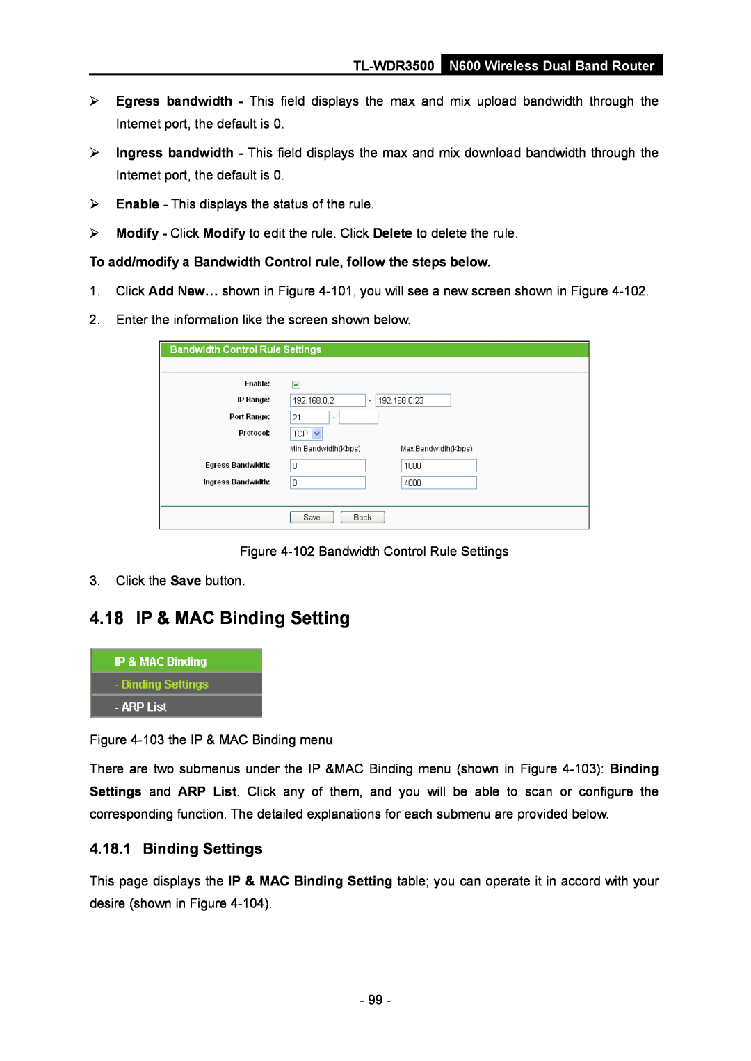 TP-Link manual 4.18 IP & MAC Binding Setting, Binding Settings, TL-WDR3500 N600 Wireless Dual Band Router 