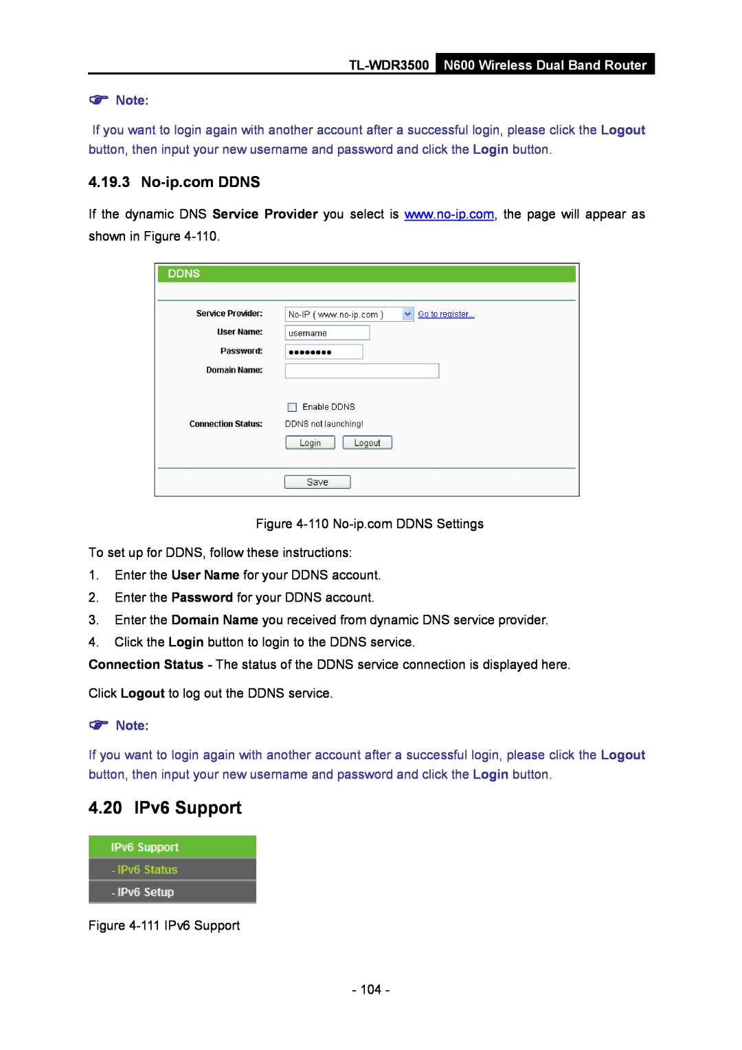 TP-Link manual 4.20 IPv6 Support, No-ip.com DDNS, TL-WDR3500 N600 Wireless Dual Band Router,  Note 